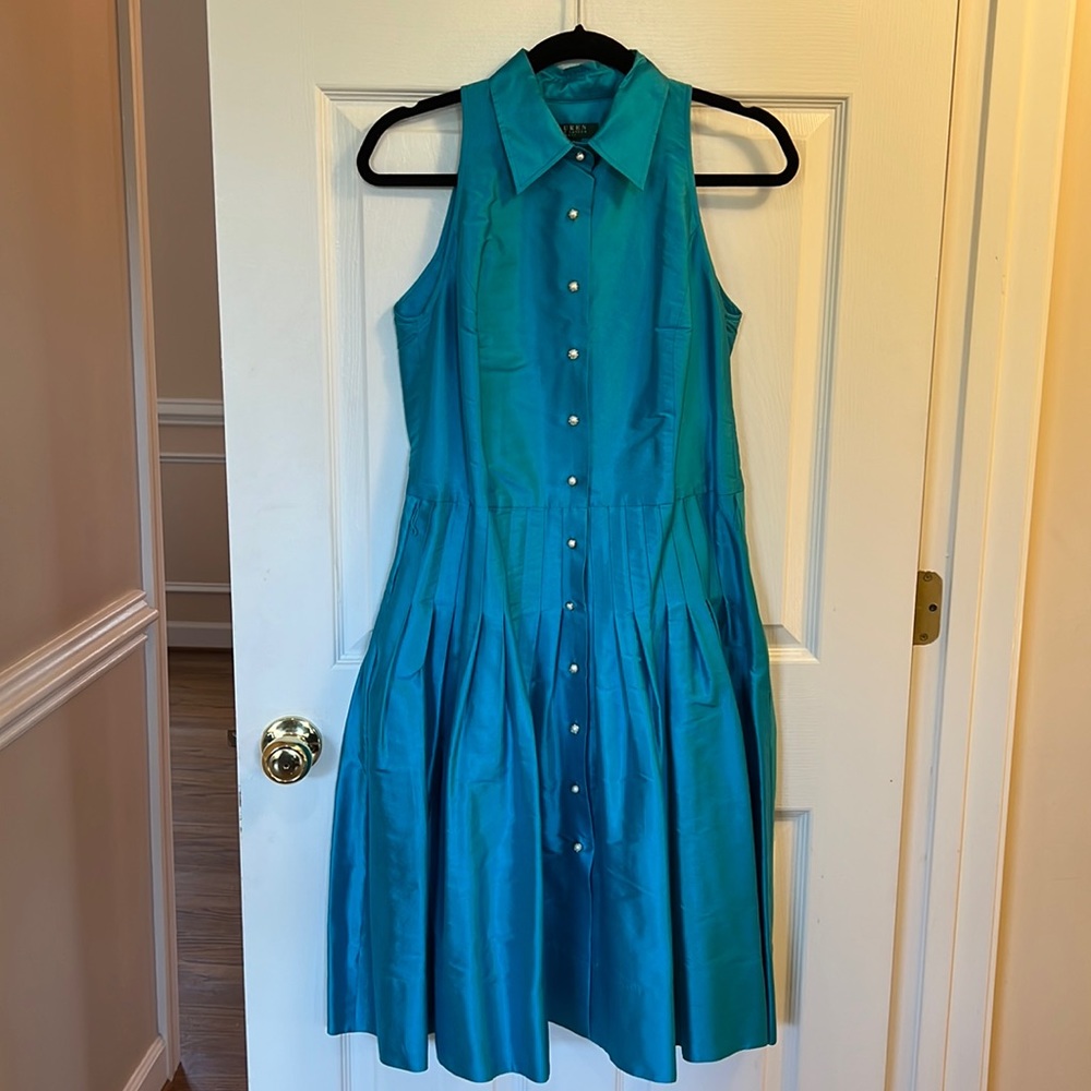 Lauren Ralph Lauren Teal Blue Satin Midi Shirt Dress
